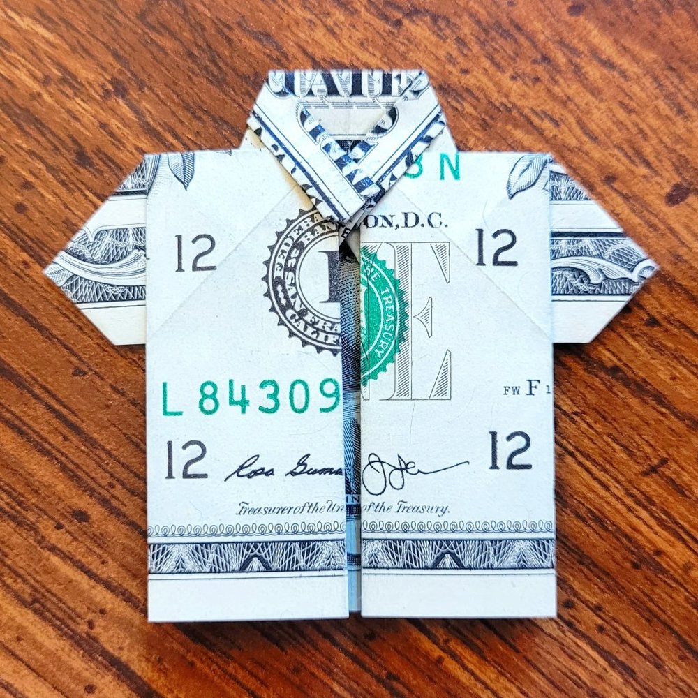 ORIGAMI SHIRT - Handmade DOLLAR Gift Art $1 Bill New Uncirculated American Money